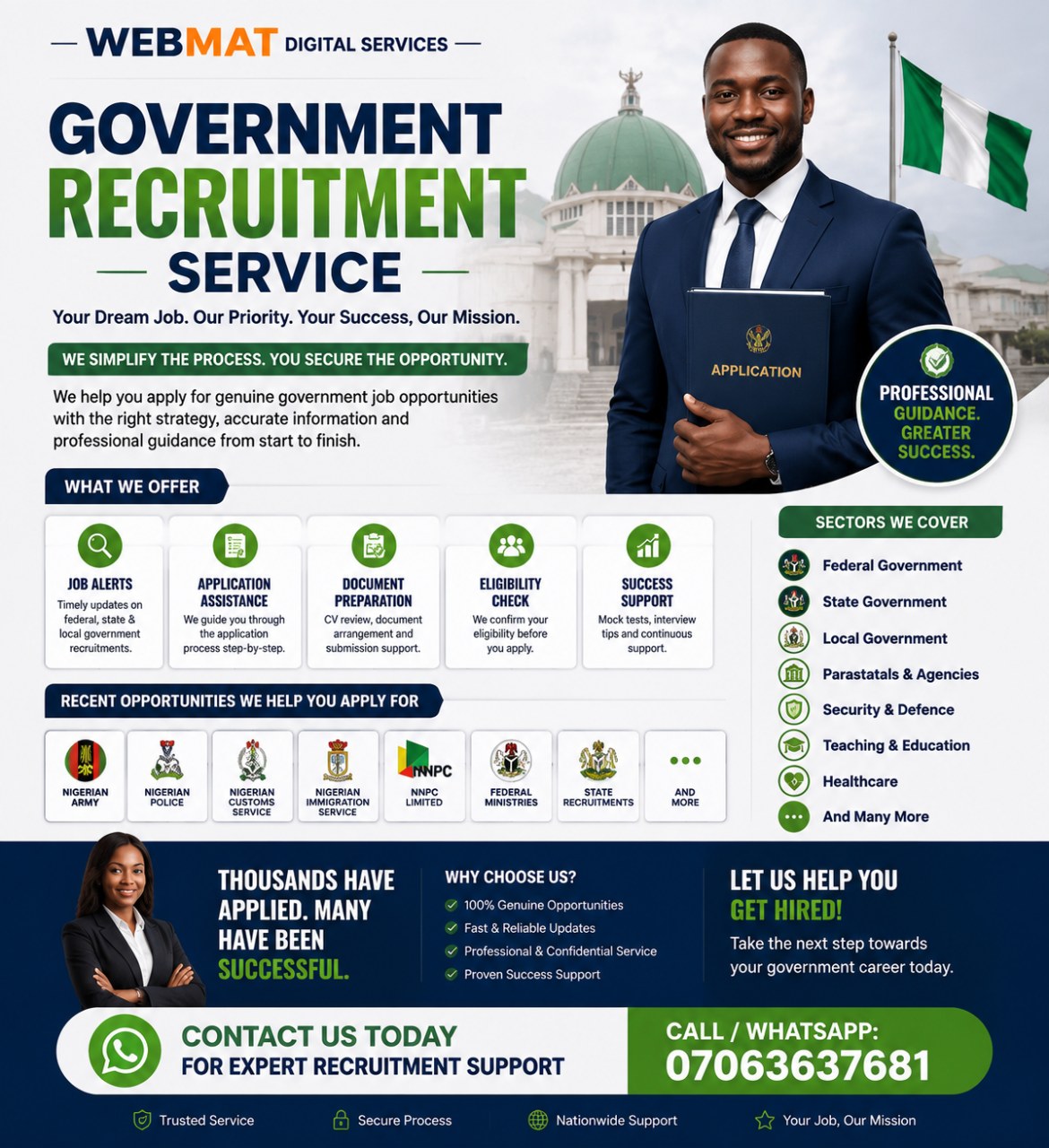 Webmat Digital Services advert for Government Recruitment Support, listing job alerts, application assistance and document preparation
