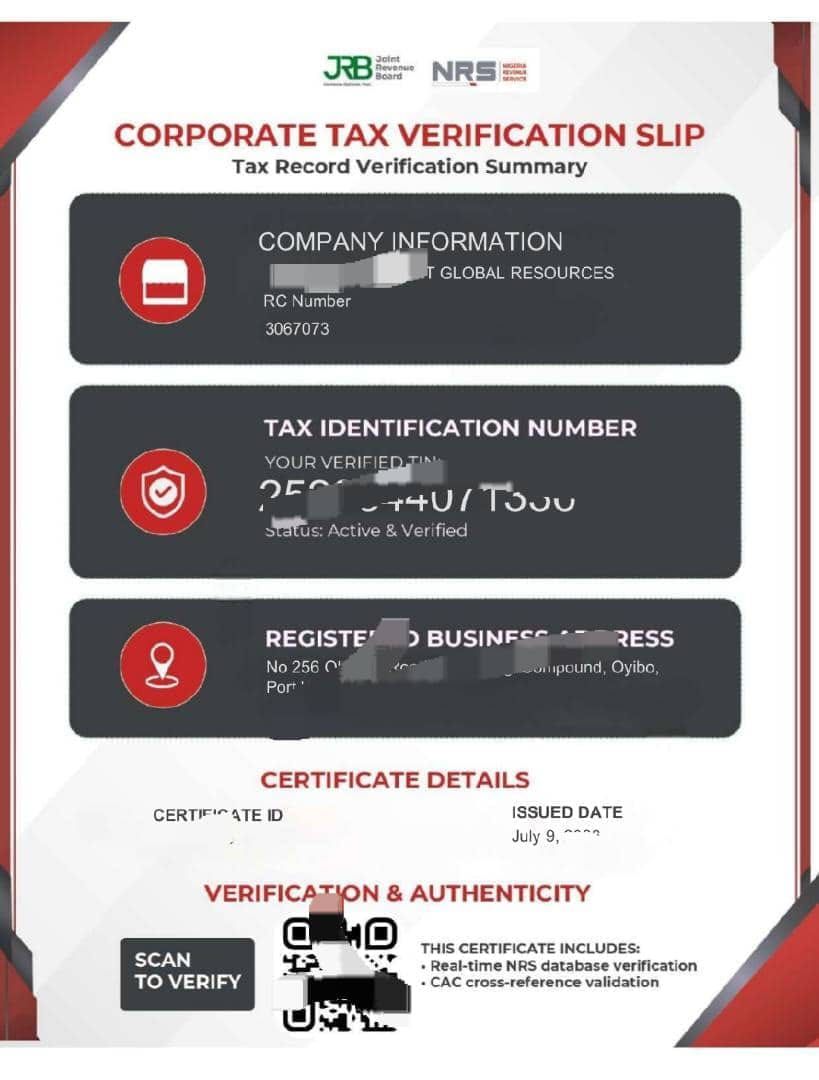 TIN registration sample: completed TIN registration pack prepared by Webmat for a Lagos client, details redacted